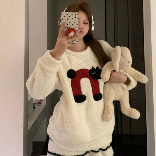 Coral Velvet Pyjamas - White Kitten Set