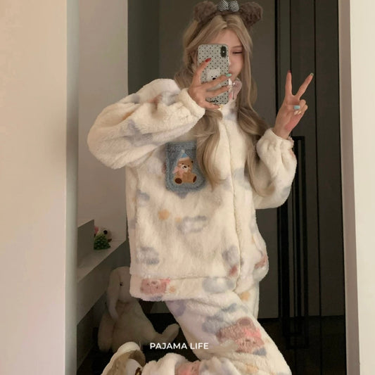 Coral Velvet Pyjamas - Cute Bear Suit
