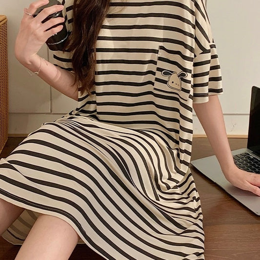 Modal Nightie - Black & White Stripes (With Bra Pads)