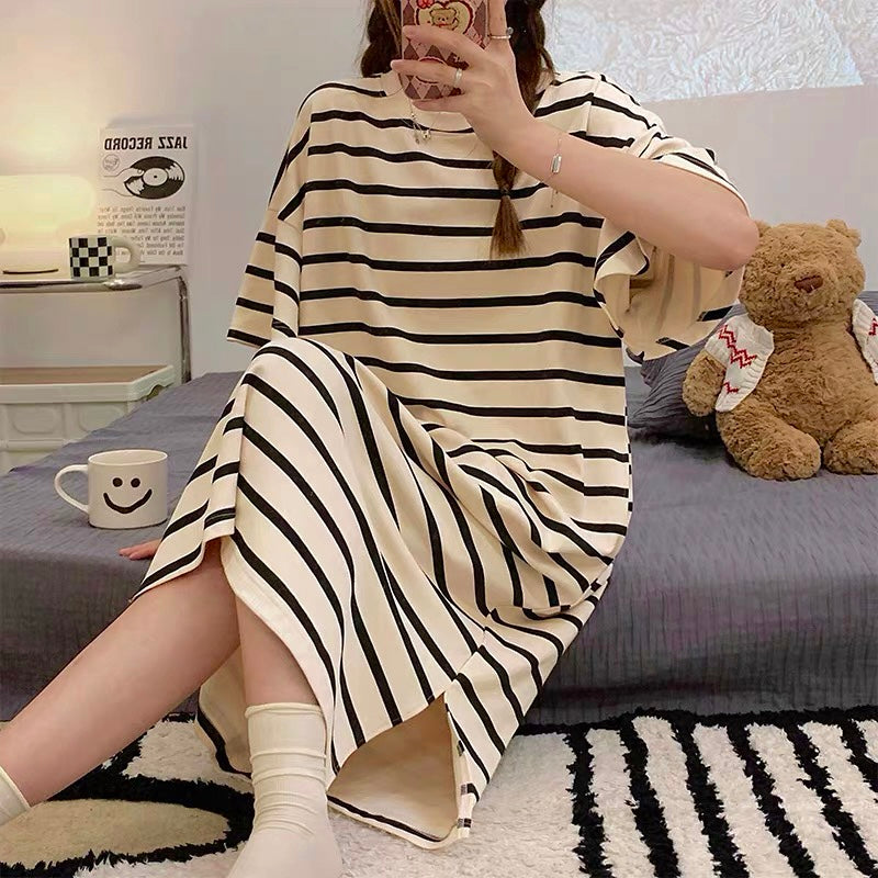 100% Cotton Nightie - Black & White Stripes (With Bra Pads)