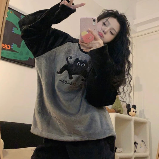 Coral Velvet Pyjamas - Grey Kitten Set