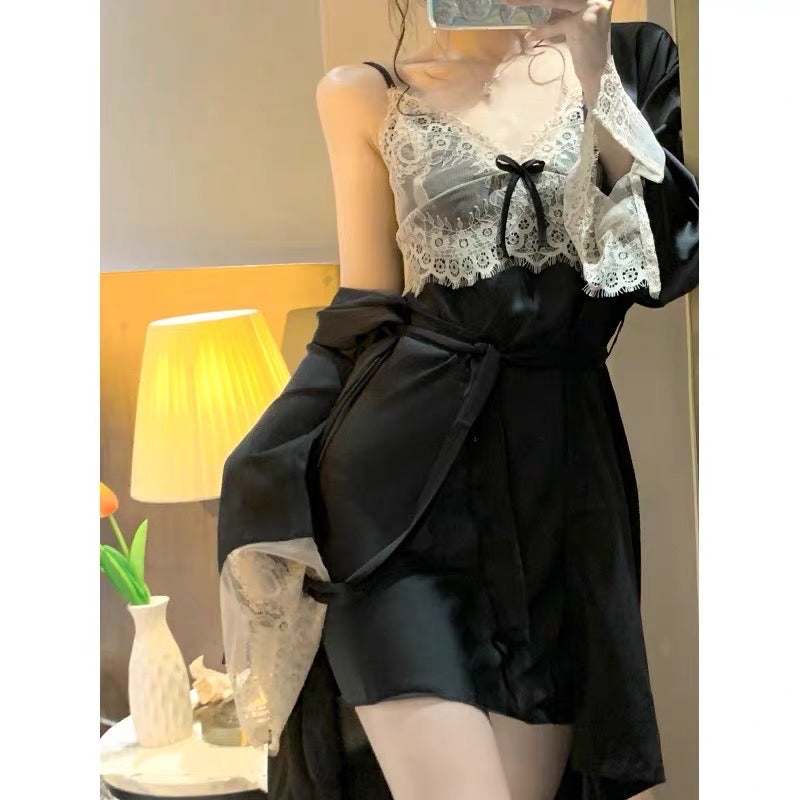 Rayon Nightie & Night Robe - Black Lace