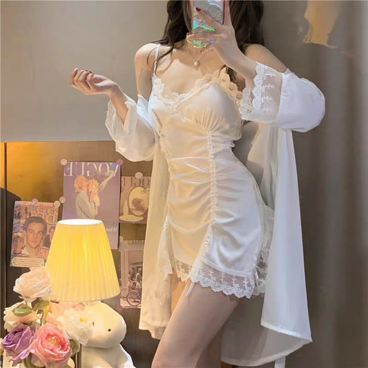 Rayon Nightie & Night Robe - White Lace