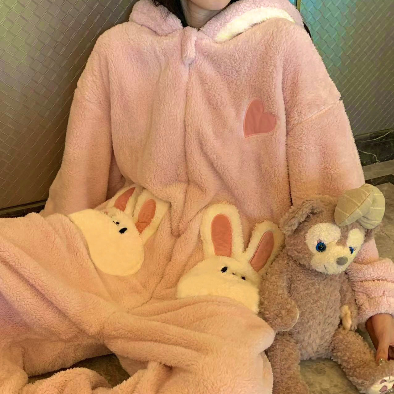 Coral Velvet Pyjamas - Pink Bunny