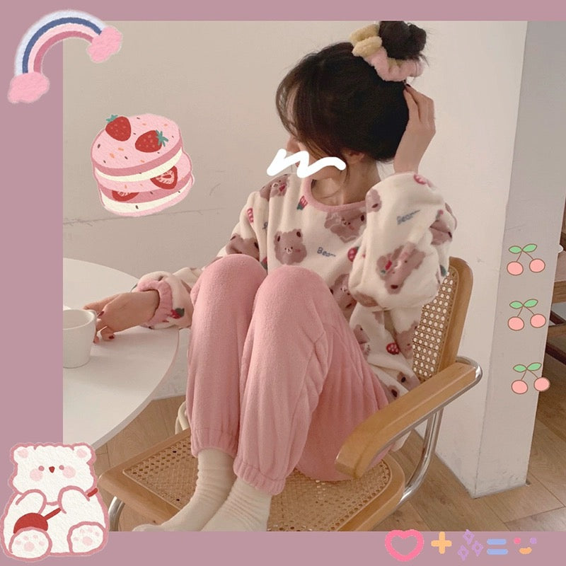 Coral Velvet Pyjamas - Bear & Strawberries Set