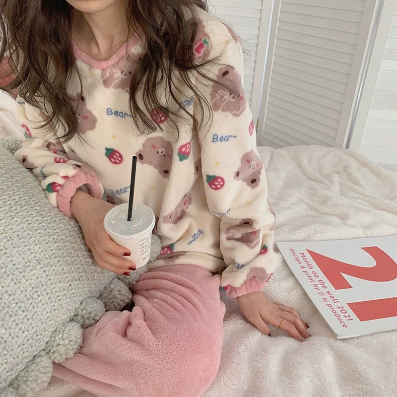 Coral Velvet Pyjamas - Bear & Strawberries Set