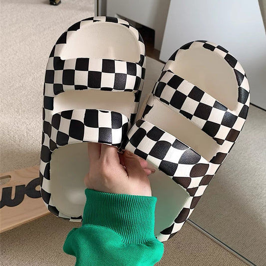 Double-buckle Slippers - Black-and-white Checks