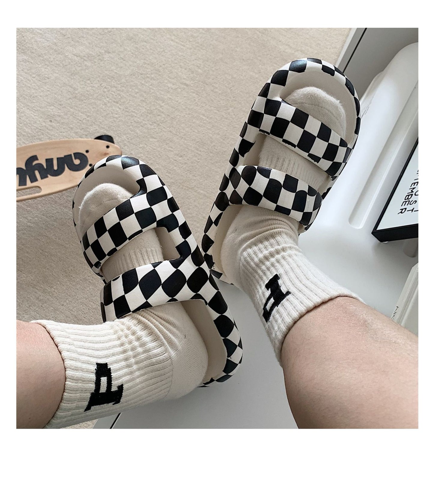 Double-buckle Slippers - Black-and-white Checks