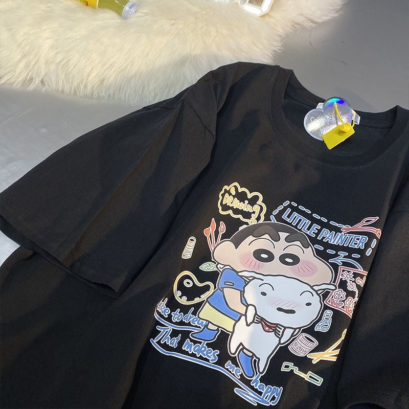 100% Cotton T-Shirts - Shin-chan & Shiro Black